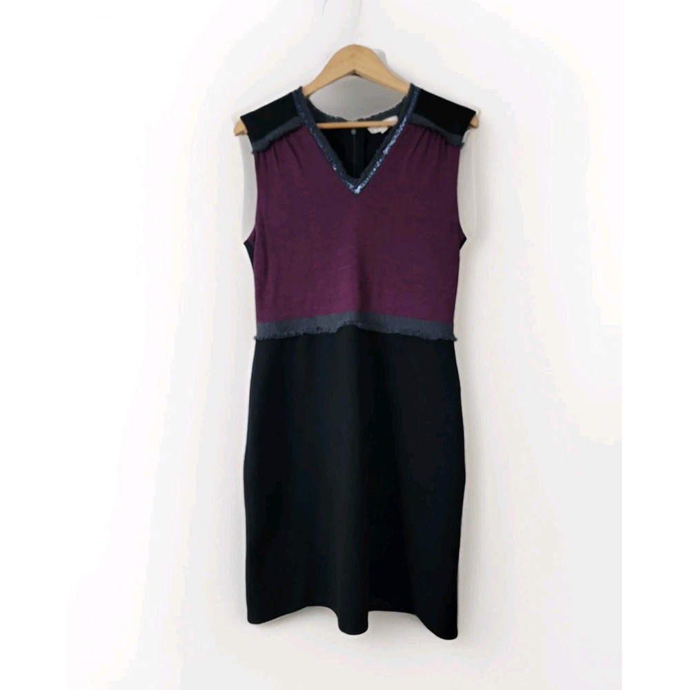 Tory Burch Women's Wool Blend‎ Dress L Black Purple Sleeveless Sheath Midi